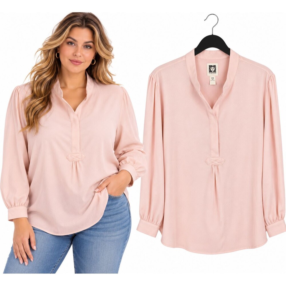 New Anne Klein Textured Blouse Top Size P XXL Blush Pink Long Sleeve